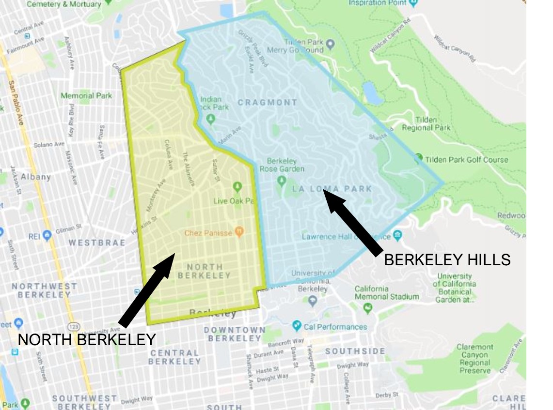 Map showing boundaries of North Berkeley and Berkeley Hills areas discussed.